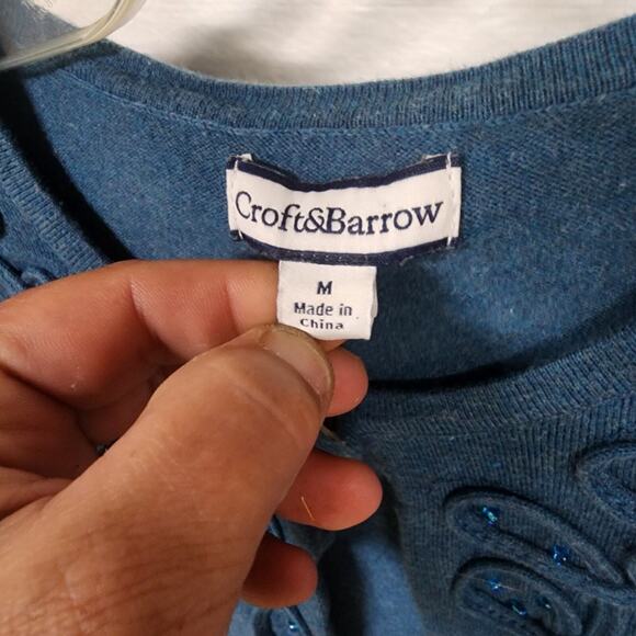 Croft & Barrow Artsy Pima Cotton Cardigan Sz Medium Embroidered Beaded Teal Blue - Picture 3 of 8